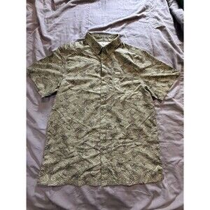 Columbia Men's PFG M Olive Beige Fish Print Short Sleeve Button-Up Shirt